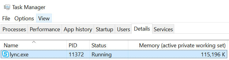 Screenshot that shows the Lync app detail in the Task Manager window with Memory grows to 115,196K.