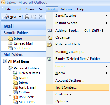 Screenshot that shows the Trust Center selected in the Tools menu.
