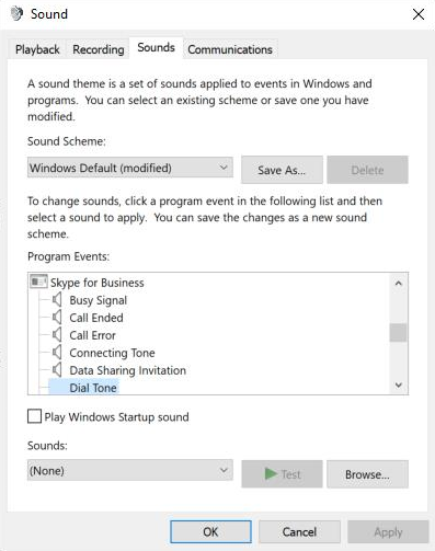 Screenshot that shows setting the Dial Tone sound to None.