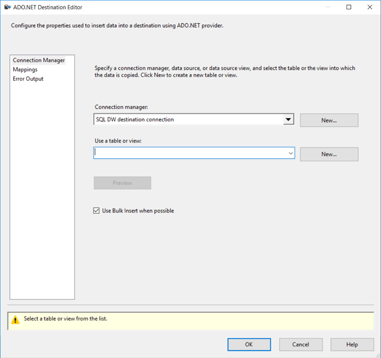 Screenshot of the ADO.NET Destination Editor. The Connection Manager tab is visible and contains controls for configuring data flow properties.