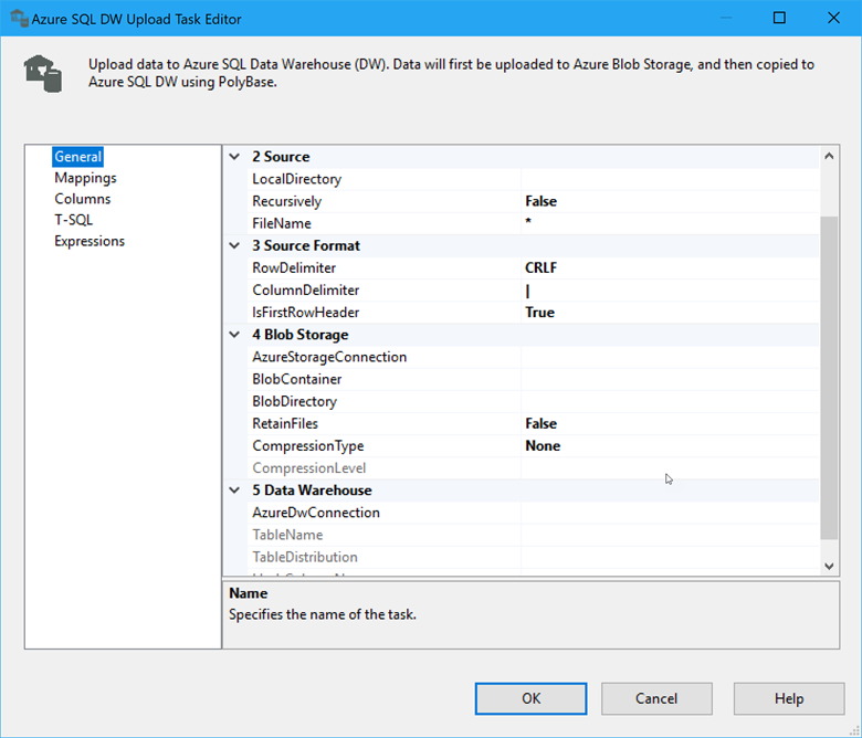 Screenshot of General page of the SQL DW Upload Task editor.