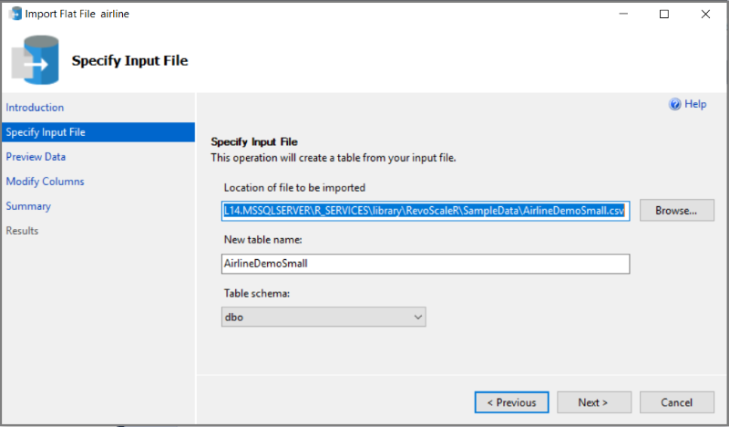 Import flat file wizard showing airline demo defaults