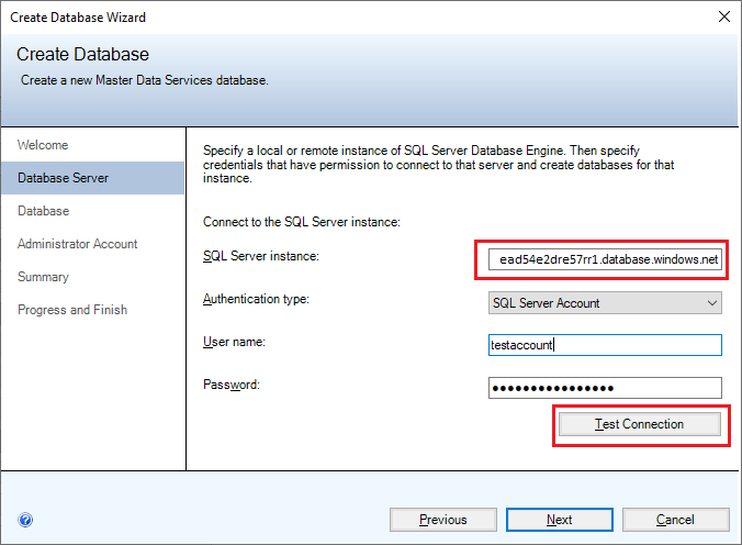 Screenshot of the Database Server page of the Create Database Wizard.