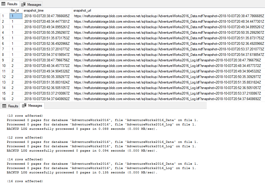 A screenshot from SSMS showing the result set of backup snapshot history.