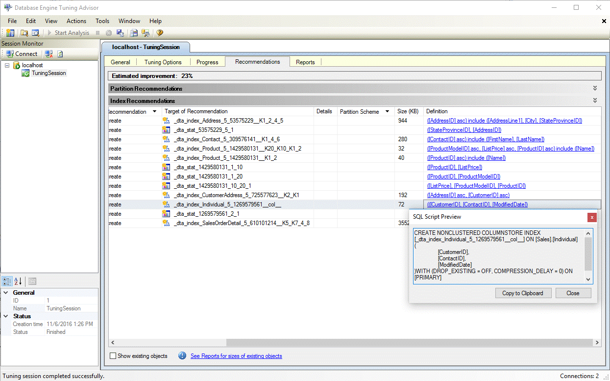 DTA columnstore index definition