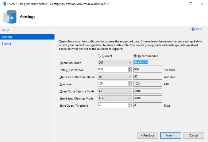 New database upgrade settings window