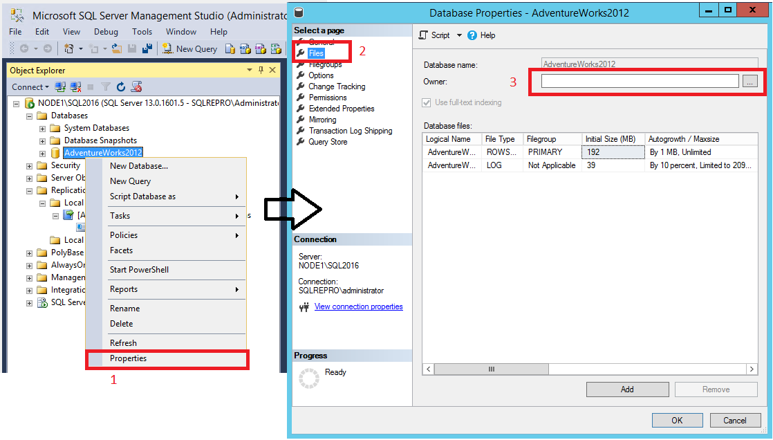 Screenshot of the "Files" page in the database properties, with a blank "Owner" box.