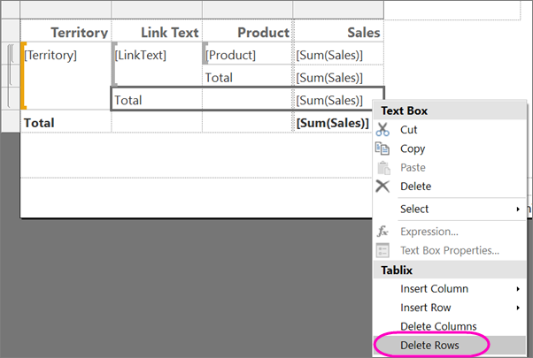 Screenshot that shows how to delete rows from a Report Builder report.