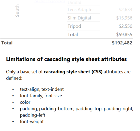 Screenshot that shows formatted text in a Report Builder report.