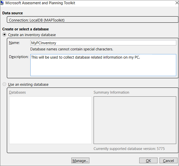 Screenshot of the 'Create an inventory database' option in the MAPS Toolkit.