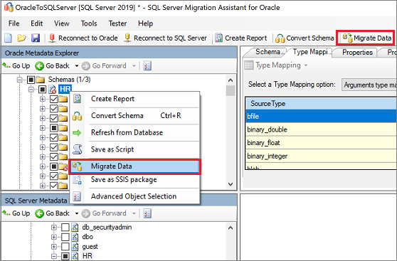 Screenshot of the Migrate Data links.