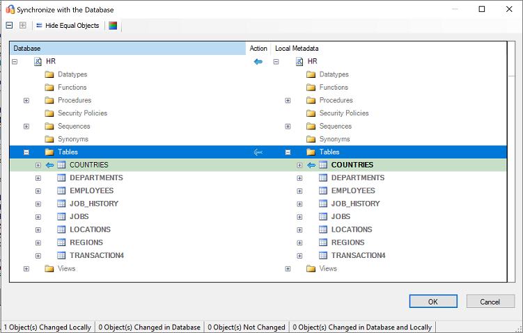 Screenshot of the 'Synchronize with the Database' pane for reviewing database mapping.