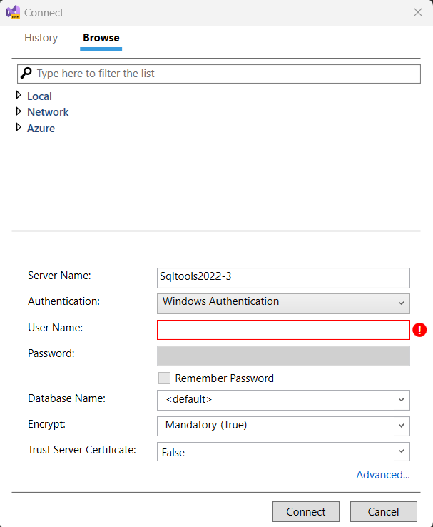 Screenshot of the Connect dialog box.