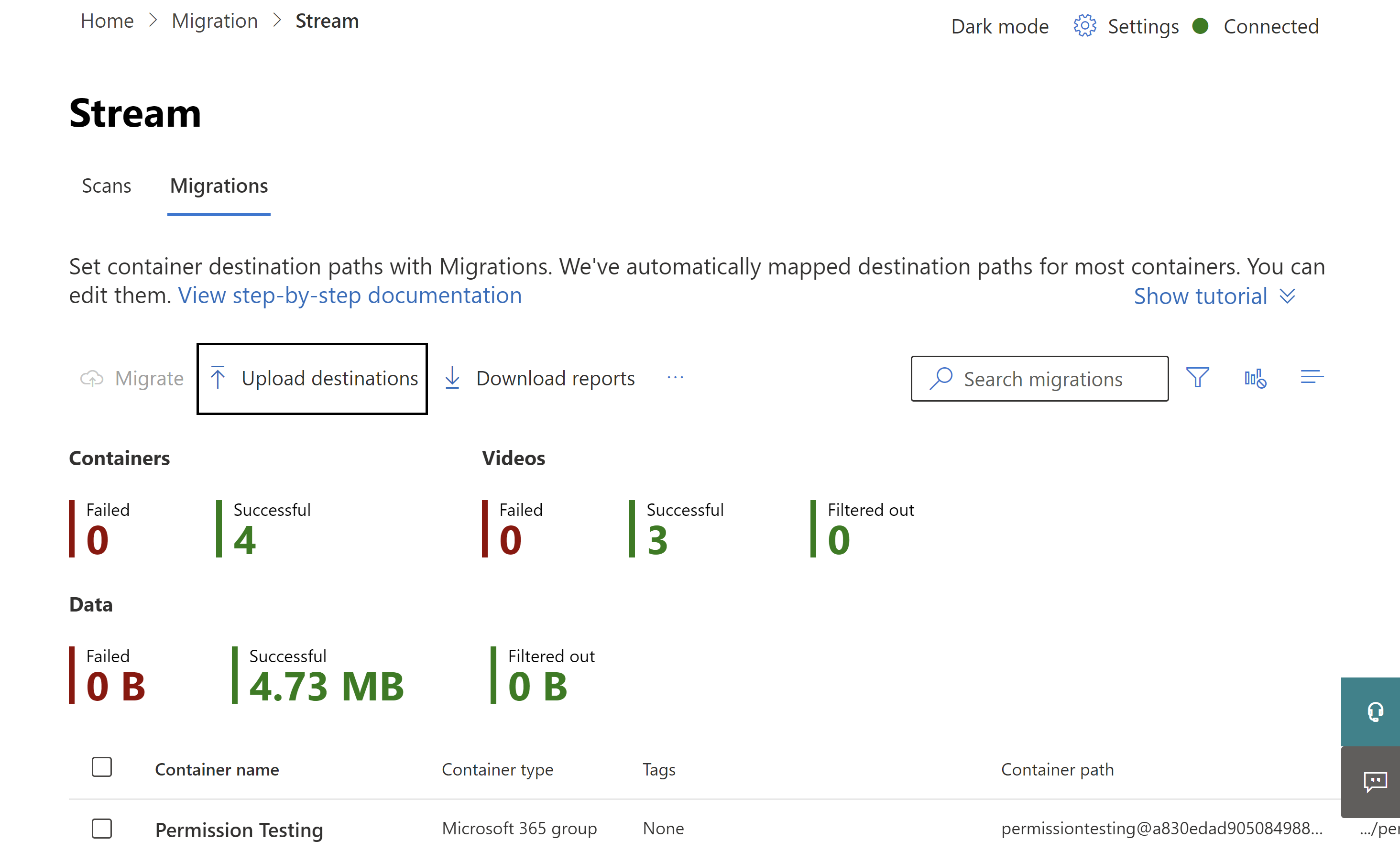 Migrations tab- bulk destination upload