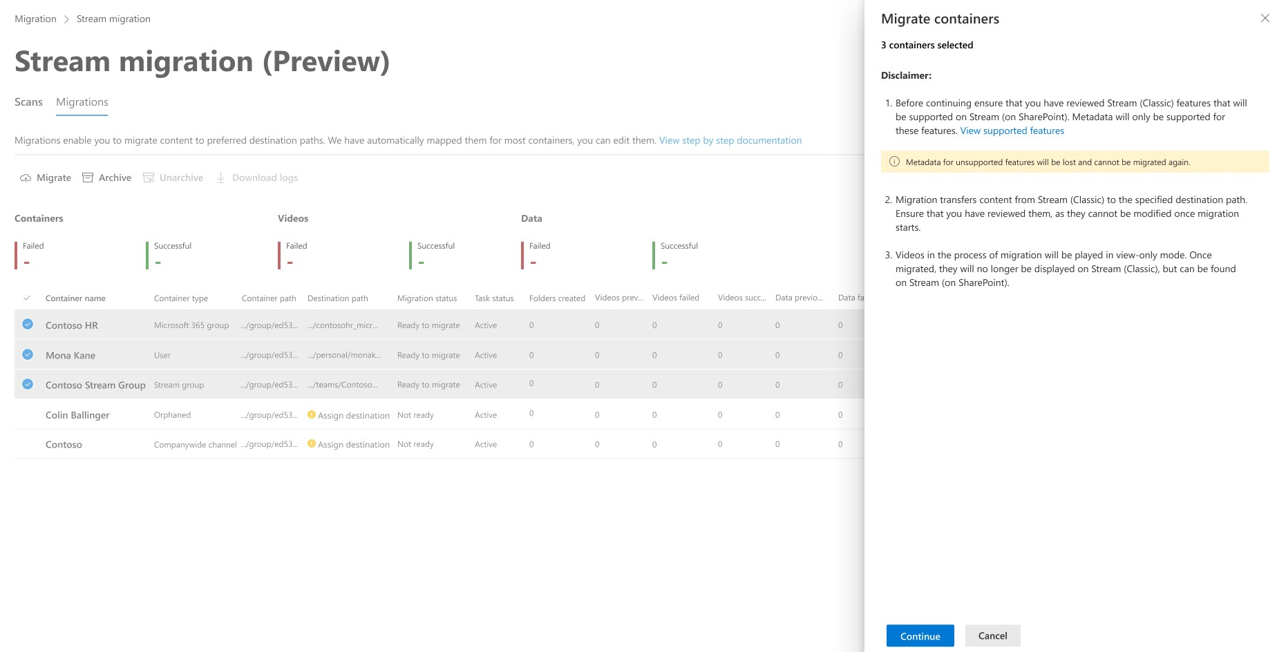 Migrations tab- containers selected for migration right pane