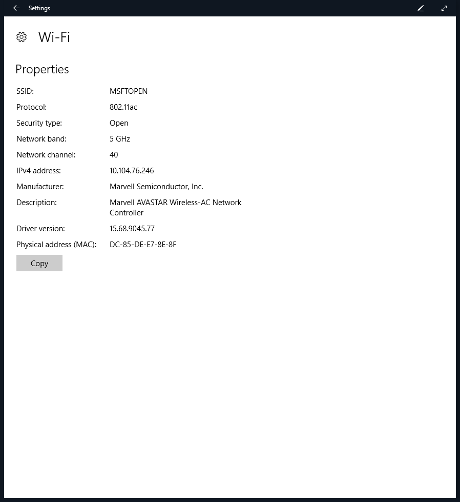 Image showing properties for connected Wi-Fi.