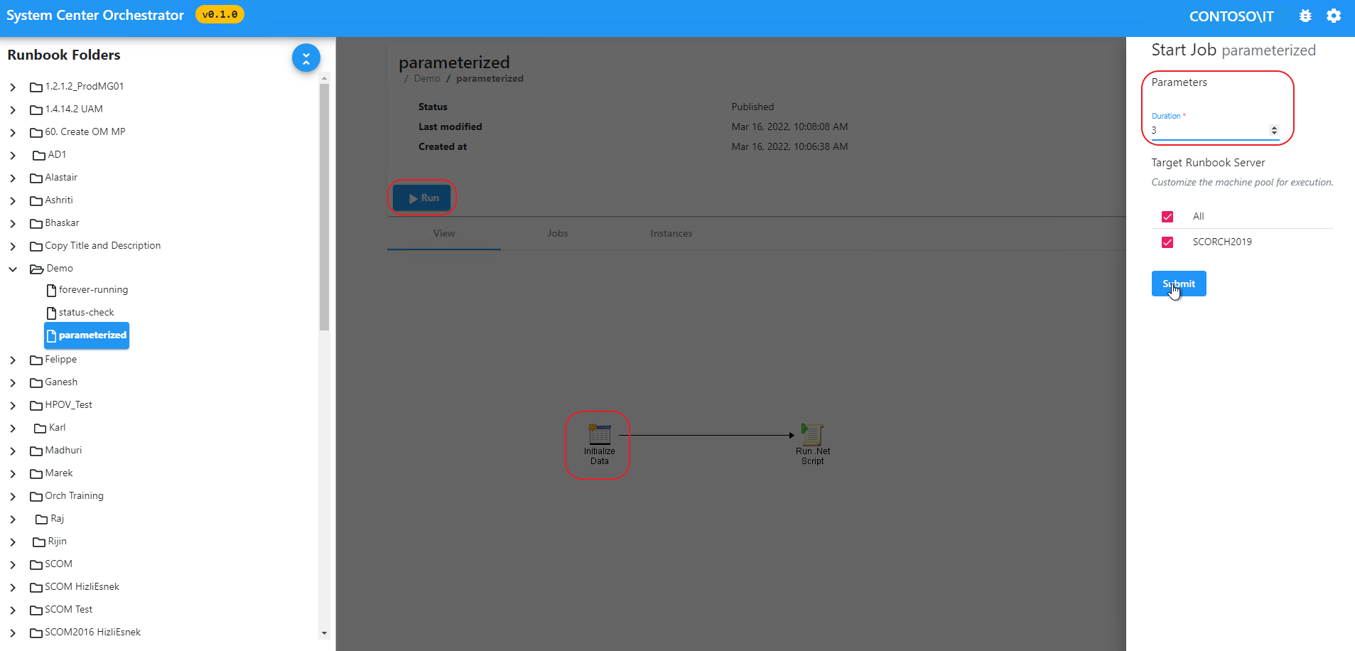 Screenshot showing parameterized run.