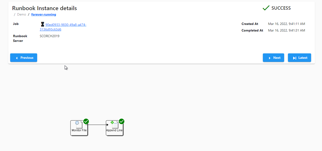 Screenshot showing runbook instance details.