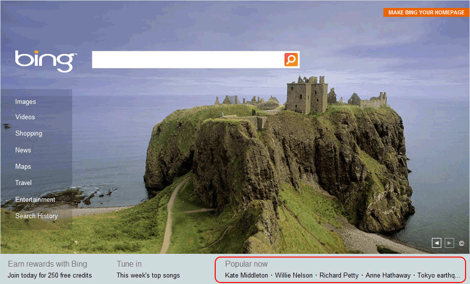 Screenshot of Bing Homepage.