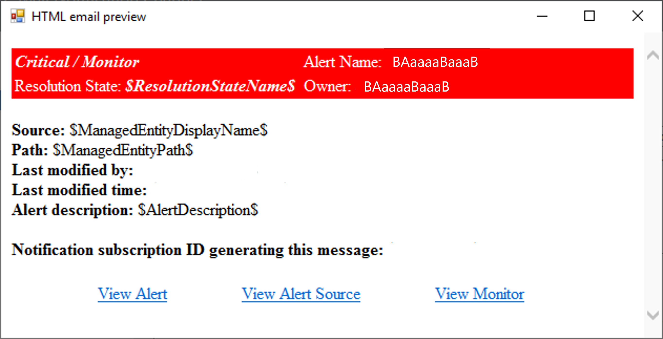 Screenshot showing HTML critical alert sample.