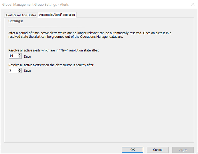 Screenshot showing Global settings for automatic alert resolution.