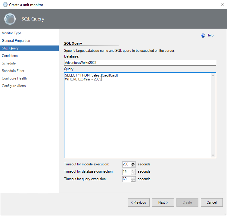 Screenshot that shows a target database name and SQL query for the first example.