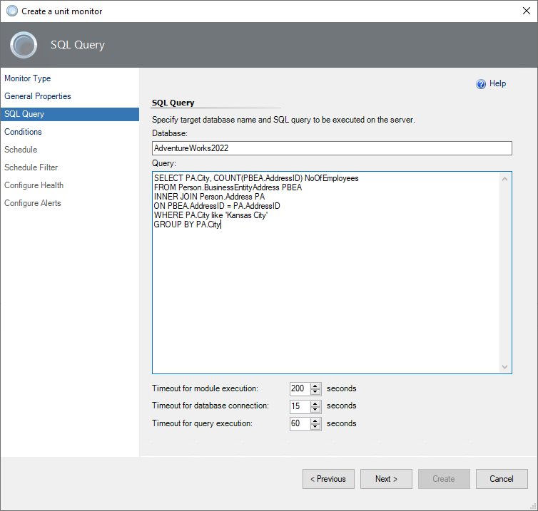 Screenshot that shows a target database name and SQL query for the third example.