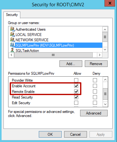 Screenshot of security permissions.