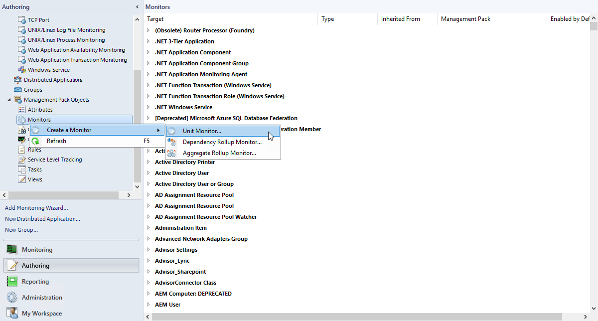 Screenshot of selections for creating a two-state unit monitor.