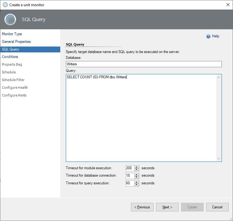 Screenshot that shows a target database name and SQL query.