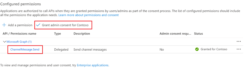 Screenshot that shows Graph API permissions.