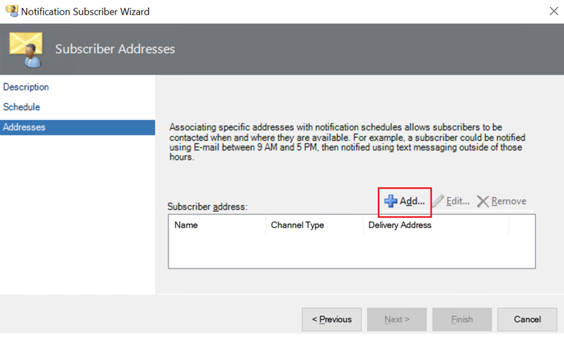 Screenshot that shows adding a subscriber address.