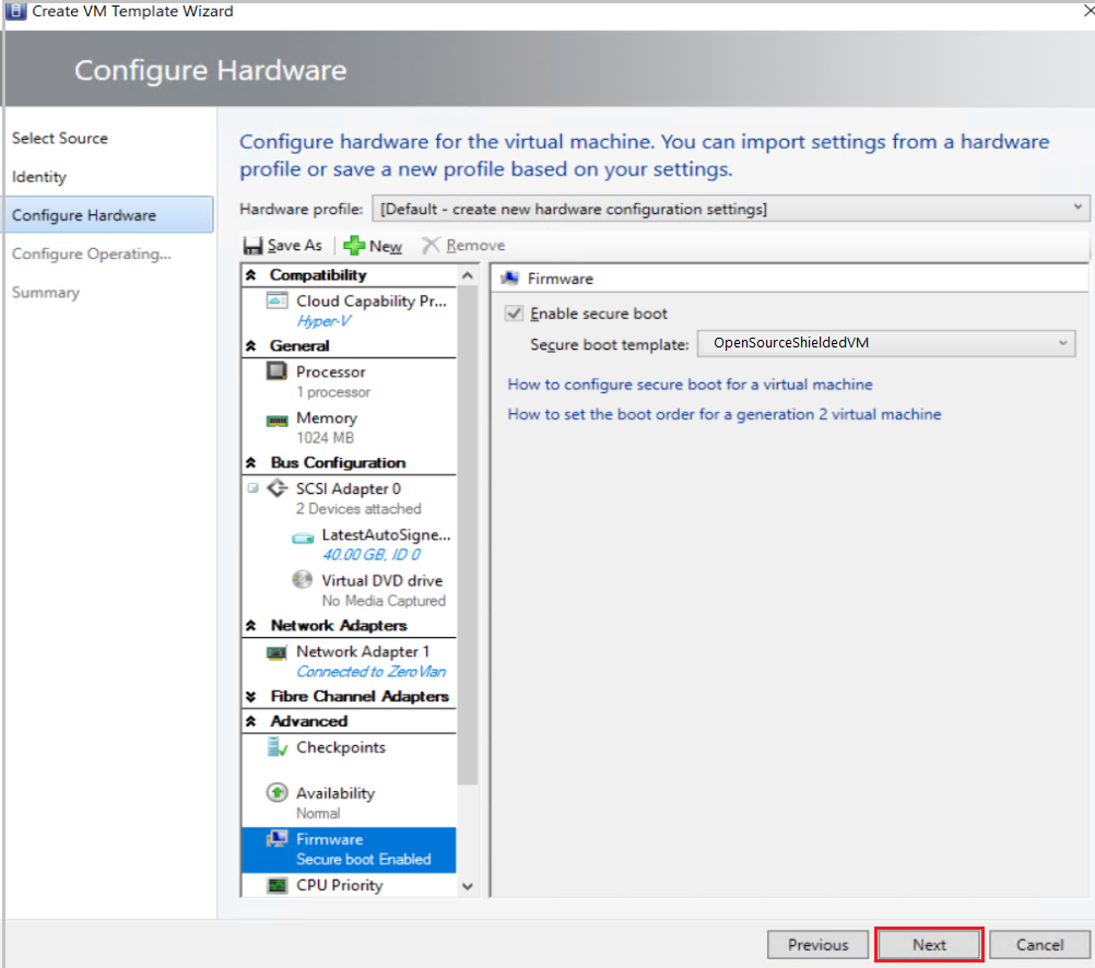 Screenshot of Hardware configuration for a Linux shielded VM.