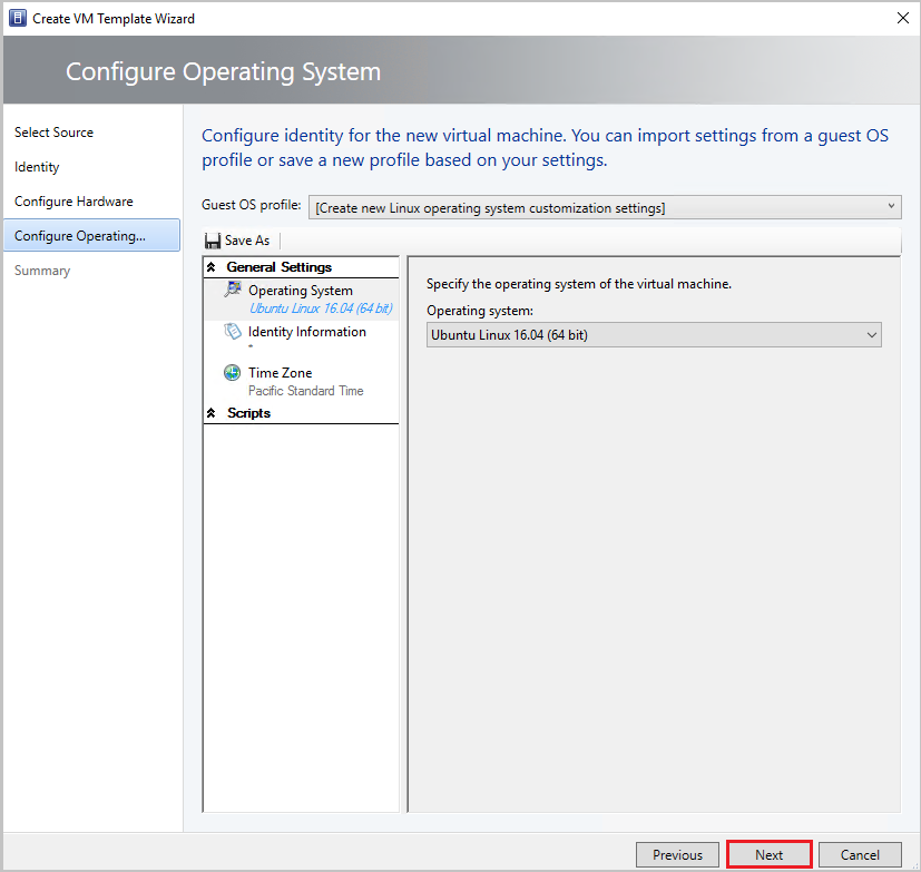 Screenshot of Configuration for the VM template's operating system.