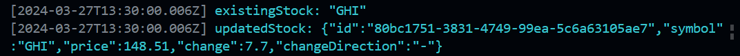 Screenshot of Visual Studio Code terminal showing console output of the stock price change.