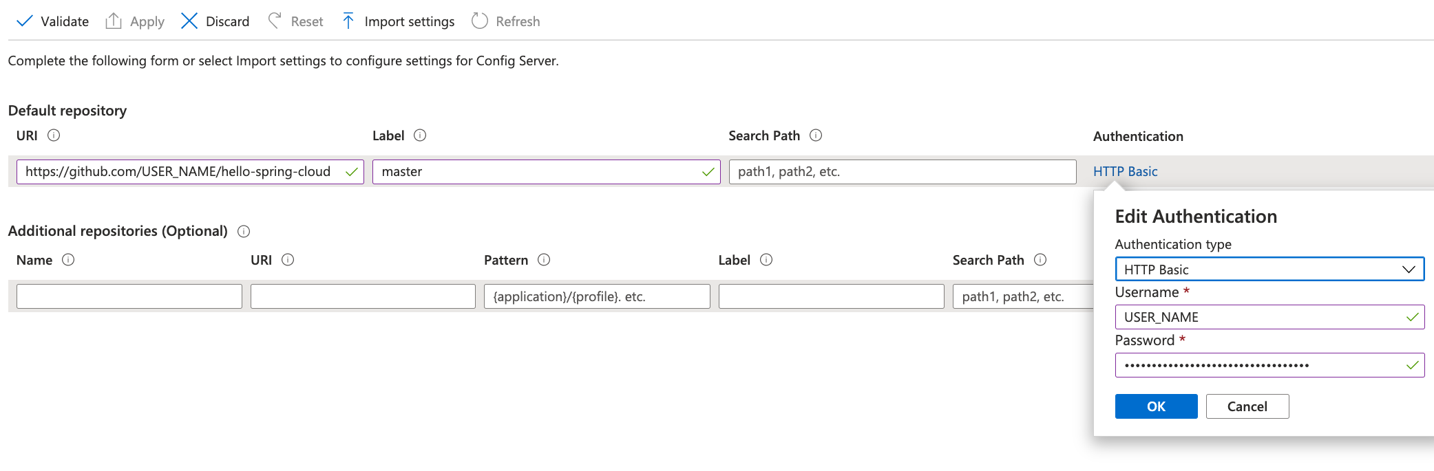 Screenshot of the Spring Cloud config server settings.