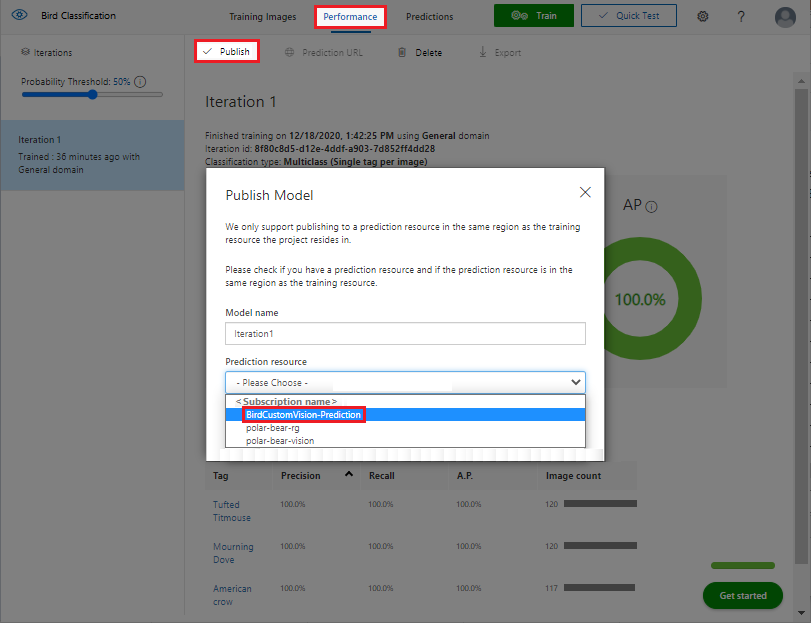 Screenshot that shows how to publish a trained Custom Vision model.