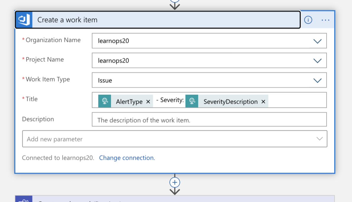 Screenshot of the Create a work item block in Logic App Designer view of the Logic App.