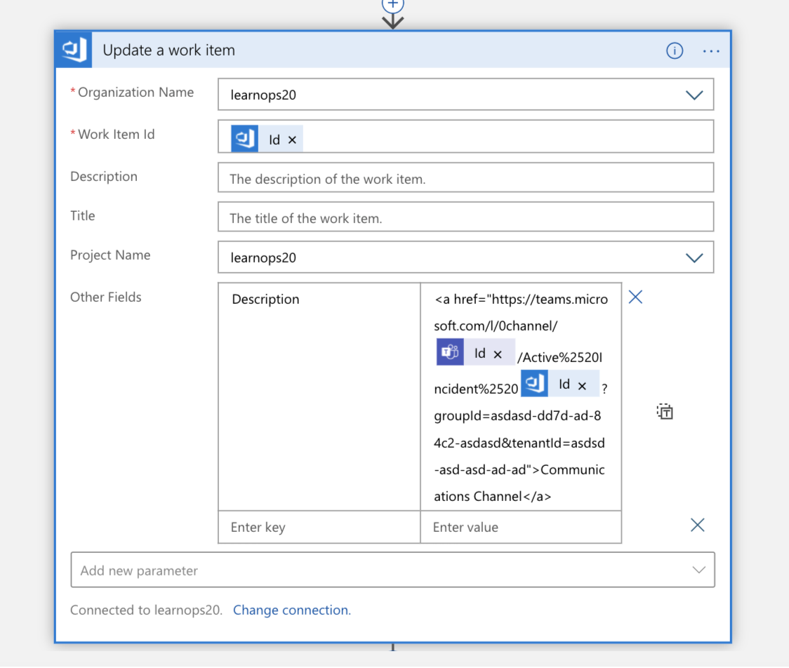 Screenshot of the Update work item block in Logic App Designer view of the Logic App.