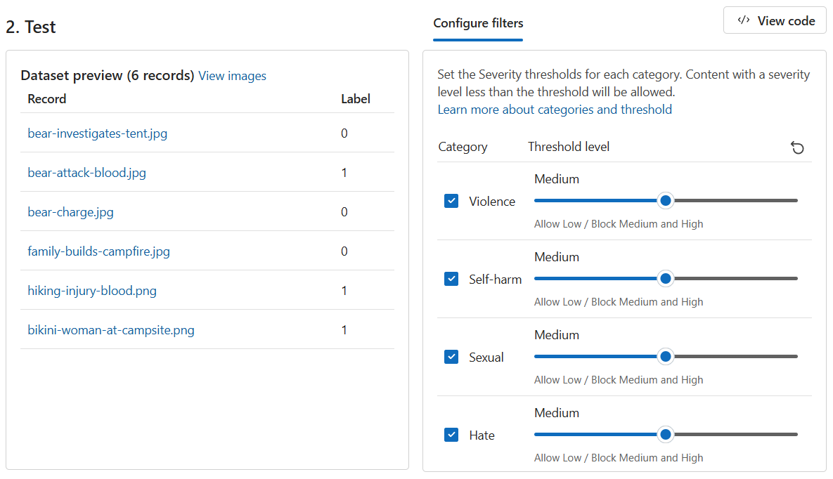 Screenshot of the dataset preview for bulk image moderation. It shows a list of image records and their corresponding labels on one side and the section for configuring filters on the other side.