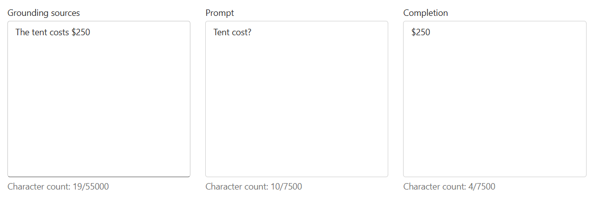 Screenshot of the inputs for groundedness, including a grounding source, prompt, and completion.