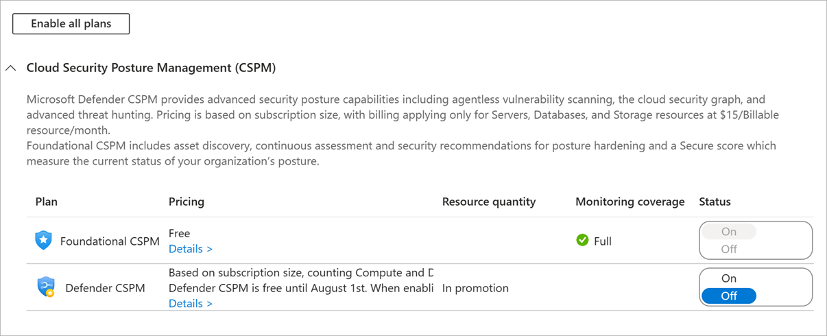 Screenshot showing Foundational CSPM and Defender CSPM options.