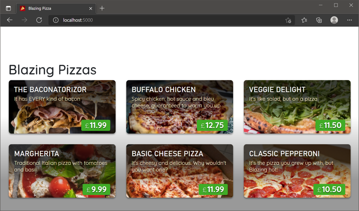 Screenshot showing a list of blazing pizzas.