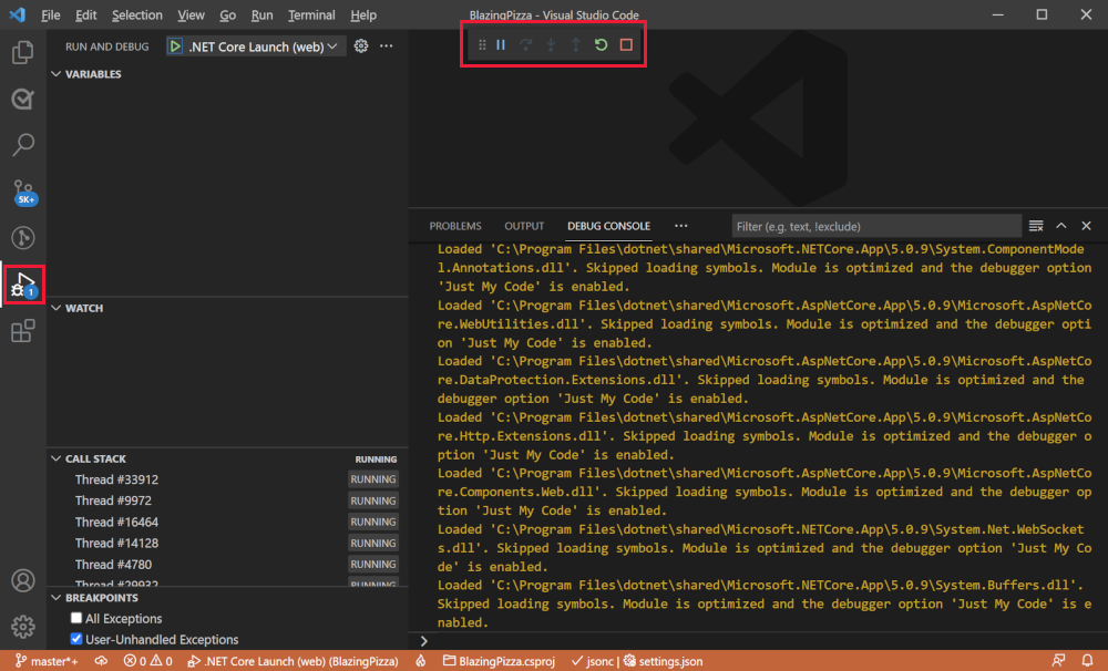 Screenshot showing the debugging window in Visual Studio Code.