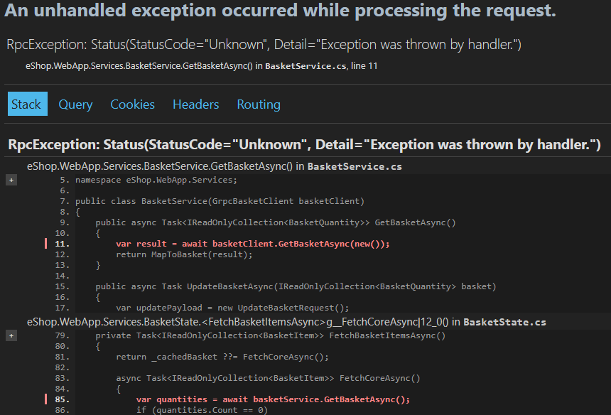 A screenshot showing the RpcException.