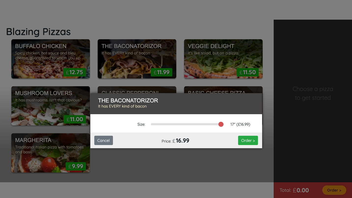 Screenshot showing the cloned version of the Blazing Pizza app.