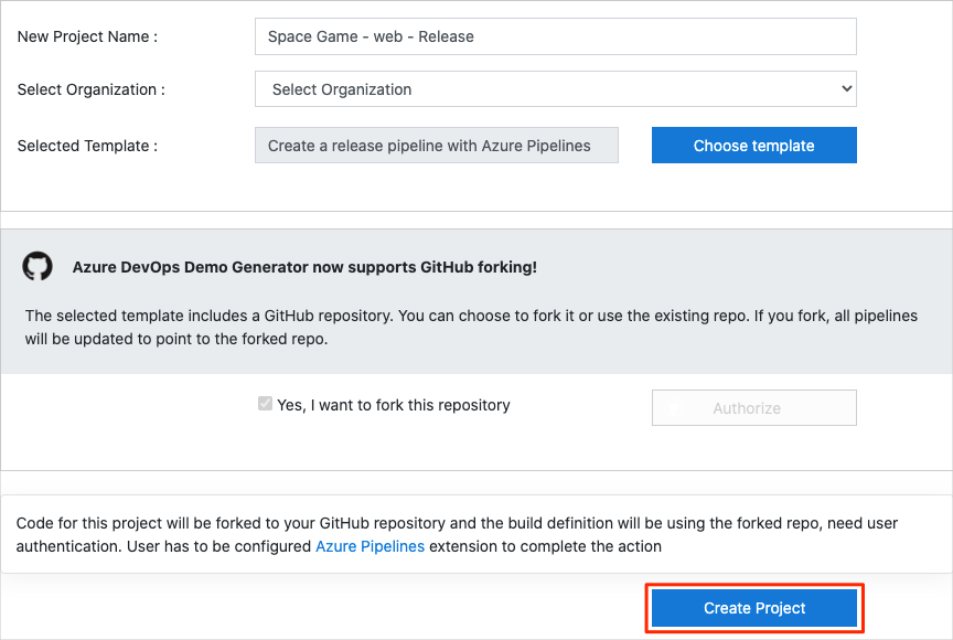 Screenshot of the Azure DevOps Demo Generator web site showing the process to create the project.