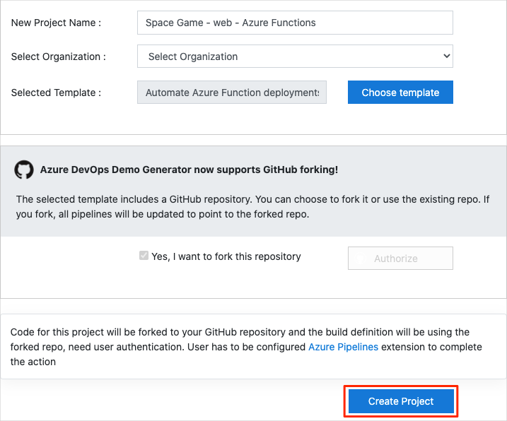 A screenshot of the Azure DevOps Demo Generator showing how to create the project.