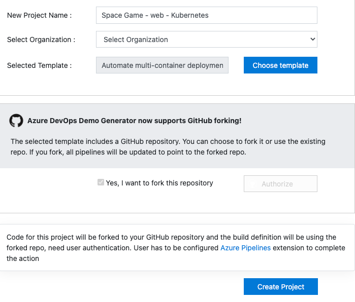 Screenshot of the Azure DevOps Demo Generator showing the process to create the project.