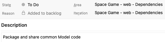 A screenshot of Azure Boards showing work item details for the Move model data to its own package issue.